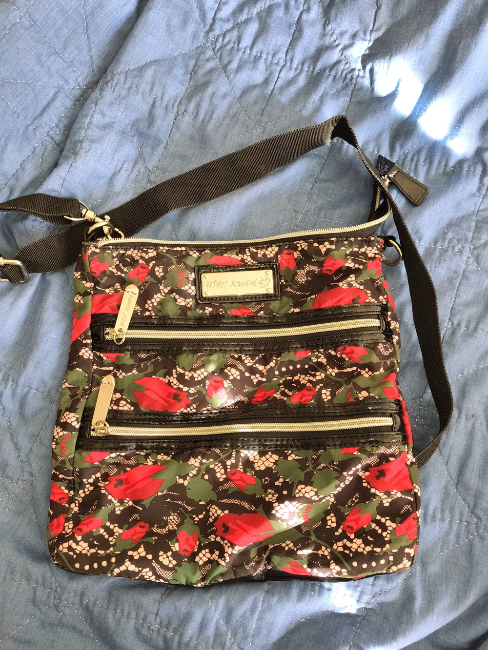 Betsey Johnson Black Crossbody Bag with Red Floral Print